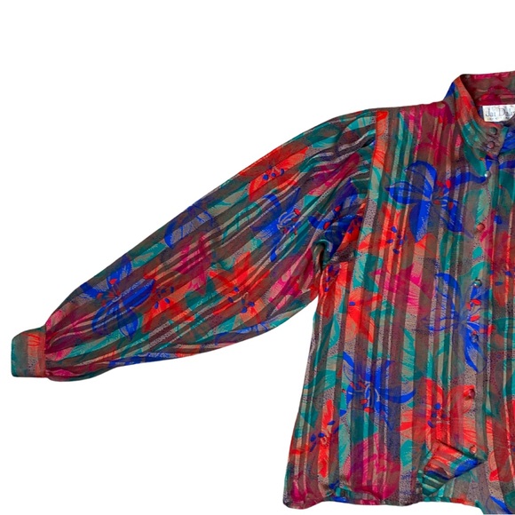 Vintage Colorful Floral Satin Striped Studio Retro Poet Blouse Holiday Top (M) - Picture 9 of 10